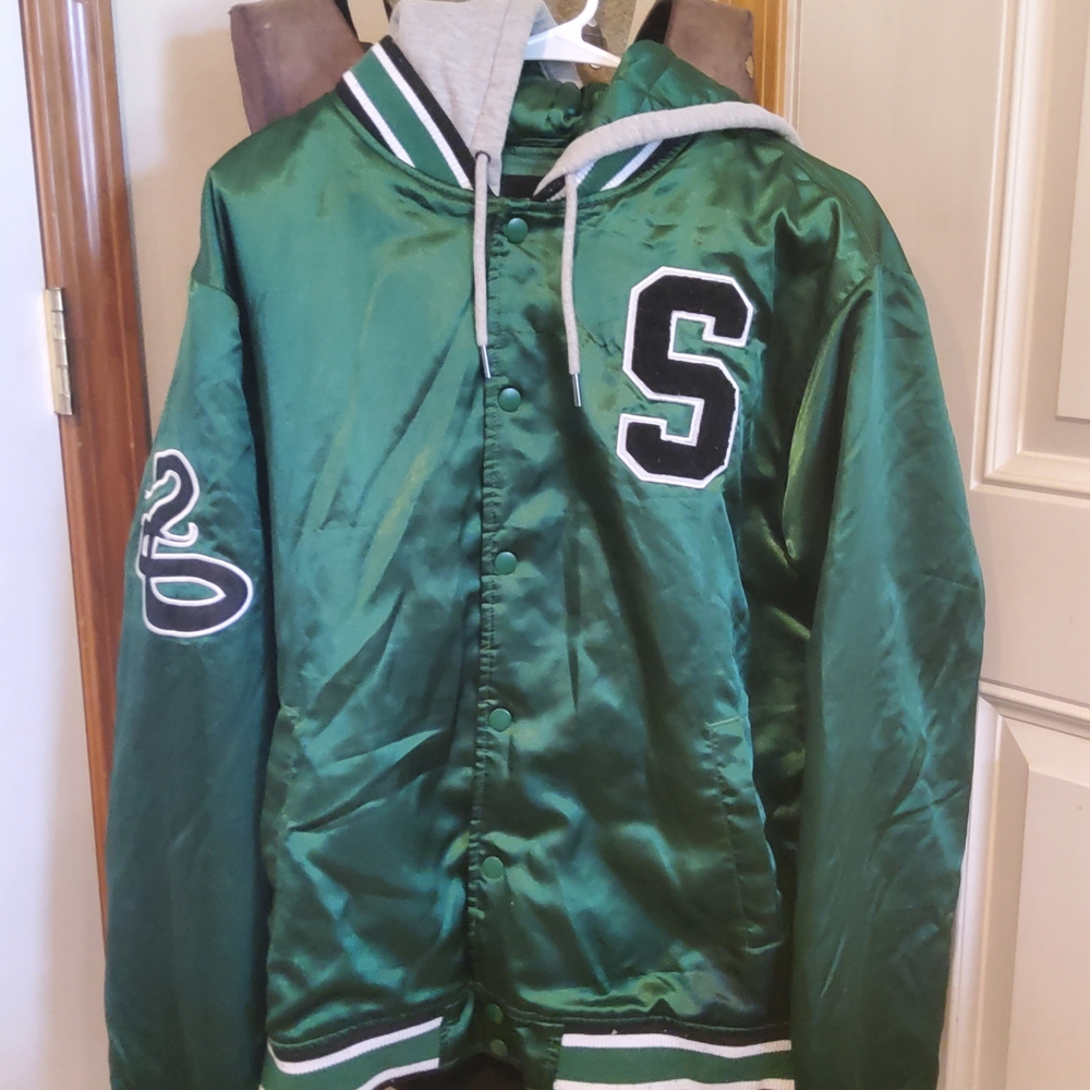 Harry Potter Emerald Green Satin Jacket with Gray Hood Trim